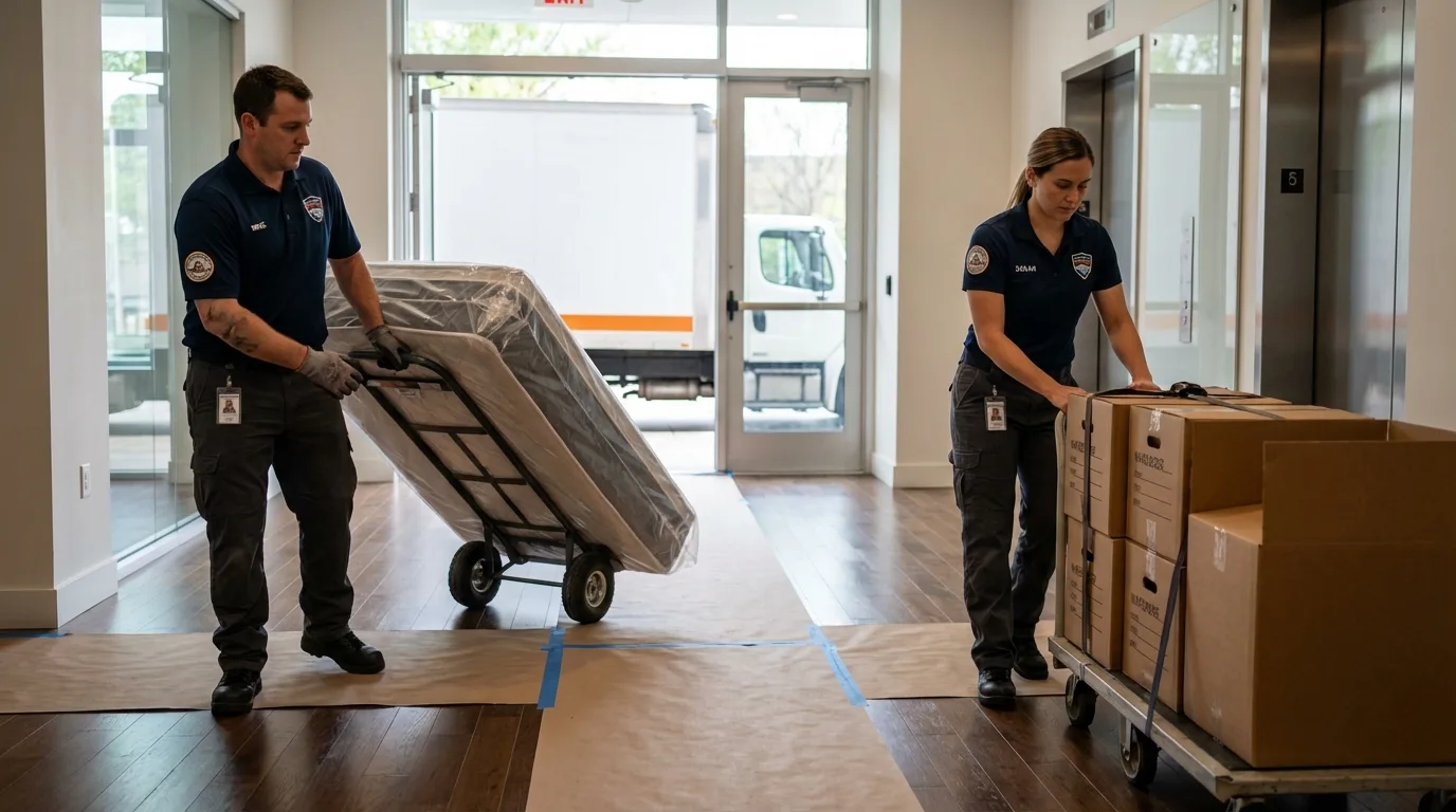 Professional apartment movers loading elevator in Eureka, KS
